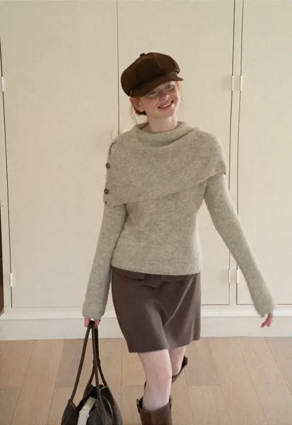 Asymmetrical Draped Cowl Neck Woolen Knit Sweater