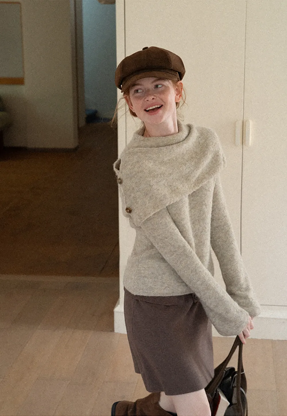 Asymmetrical Draped Cowl Neck Woolen Knit Sweater