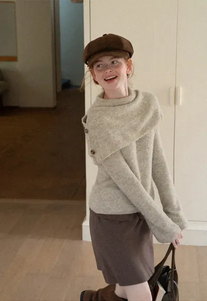 Asymmetrical Draped Cowl Neck Woolen Knit Sweater