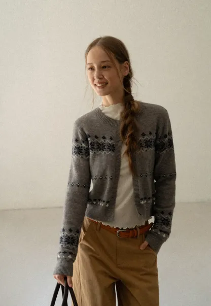 Fair Isle Patterned Cropped Cardigan Woolen Knit Sweater