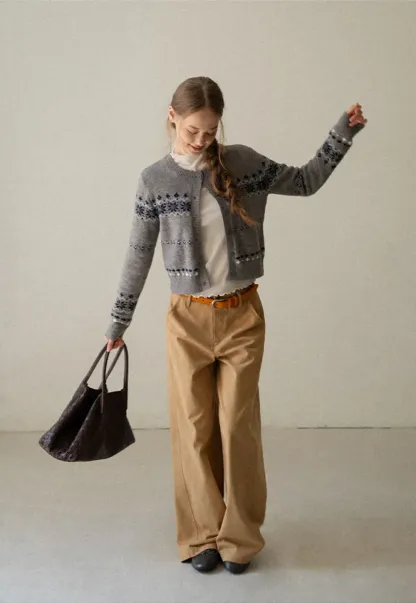 Fair Isle Patterned Cropped Cardigan Woolen Knit Sweater