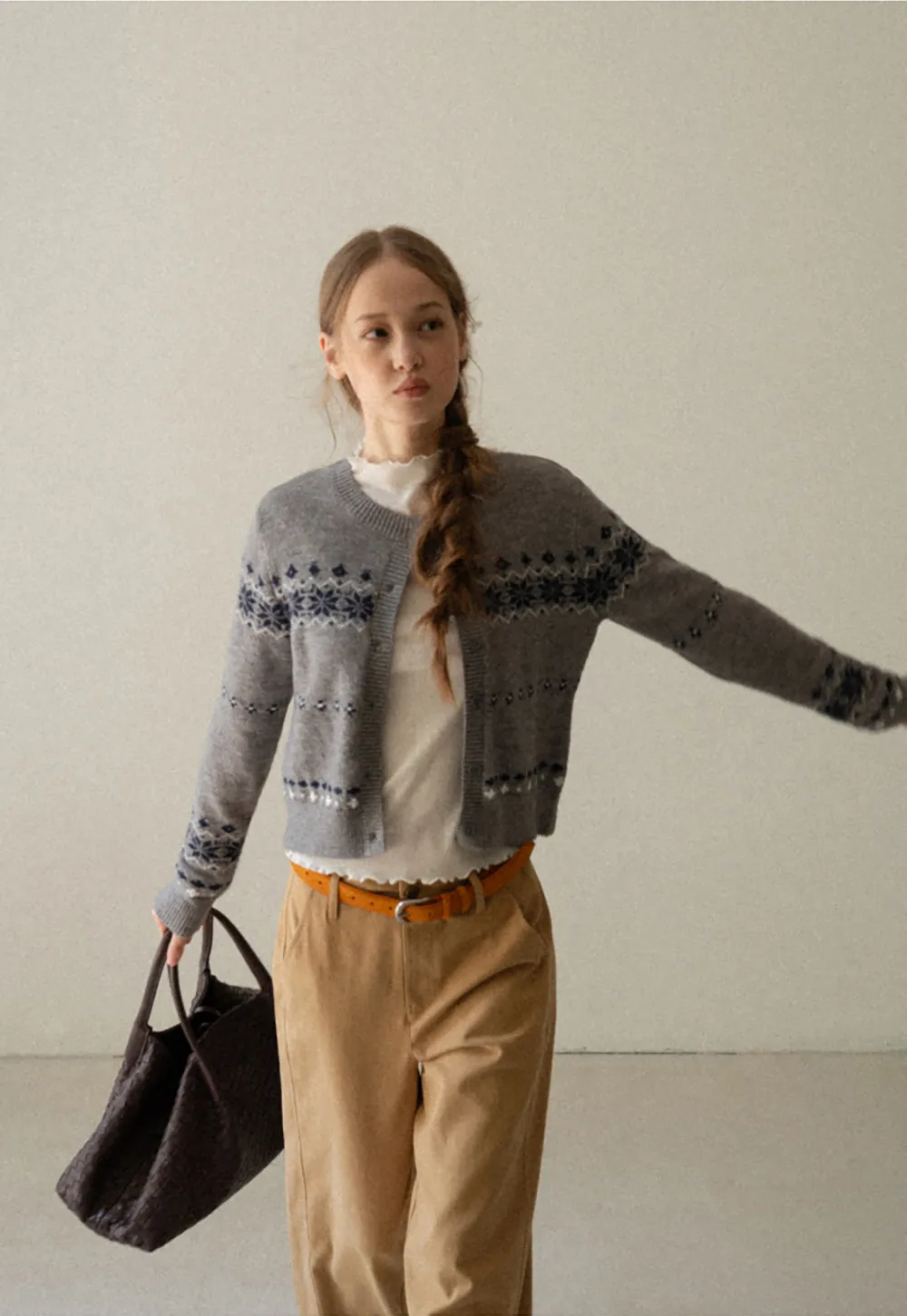 Fair Isle Patterned Cropped Cardigan Woolen Knit Sweater