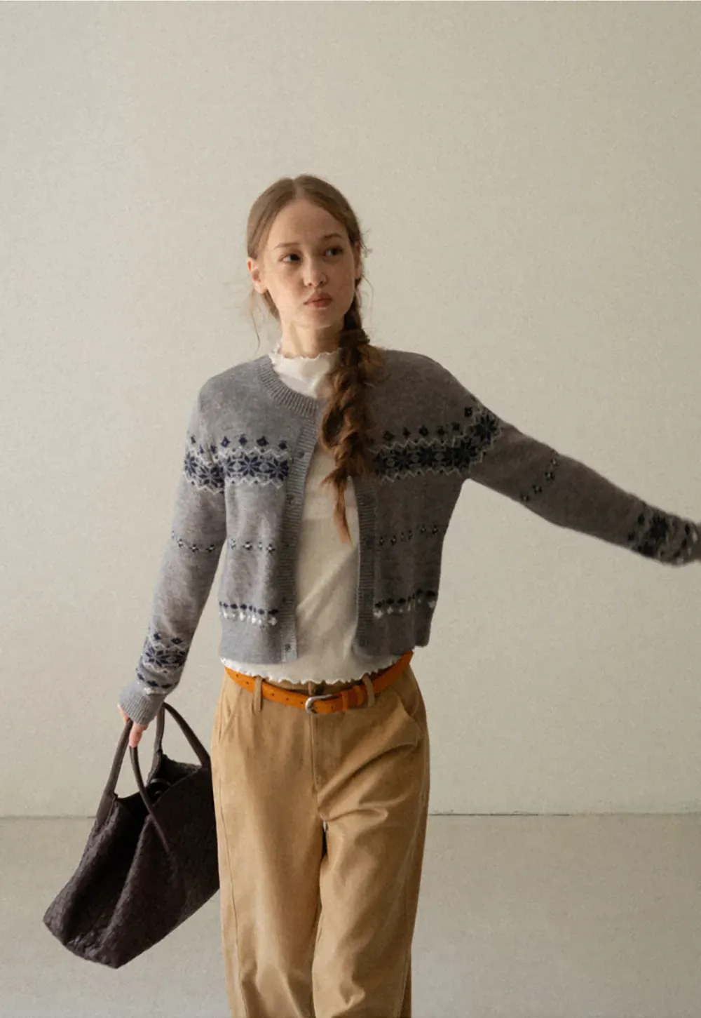 Fair Isle Patterned Cropped Cardigan Woolen Knit Sweater