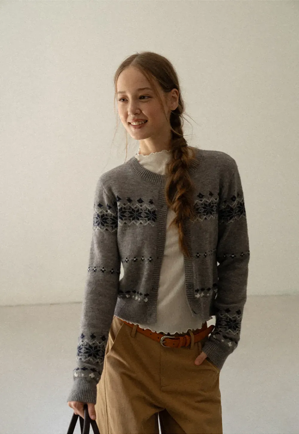 Fair Isle Patterned Cropped Cardigan Woolen Knit Sweater