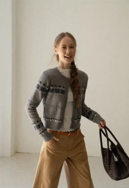 Fair Isle Patterned Cropped Cardigan Woolen Knit Sweater