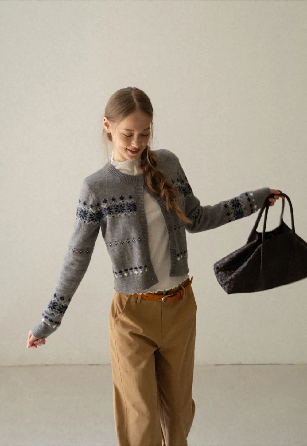 Fair Isle Patterned Cropped Cardigan Woolen Knit Sweater