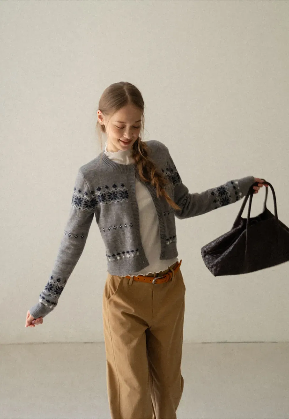 Fair Isle Patterned Cropped Cardigan Woolen Knit Sweater