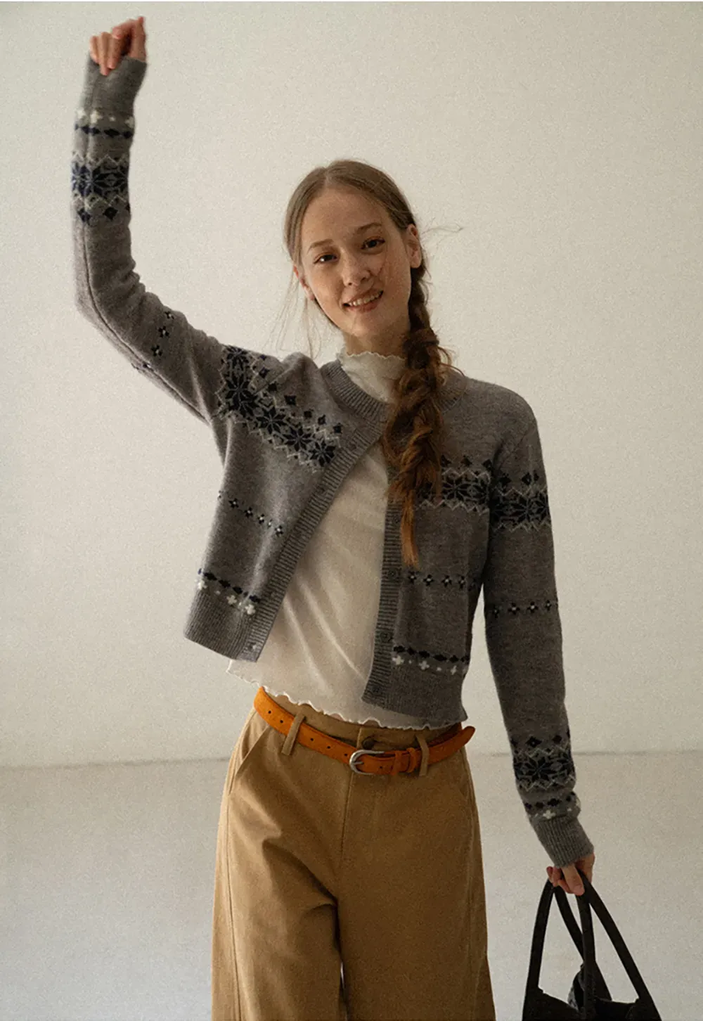 Fair Isle Patterned Cropped Cardigan Woolen Knit Sweater