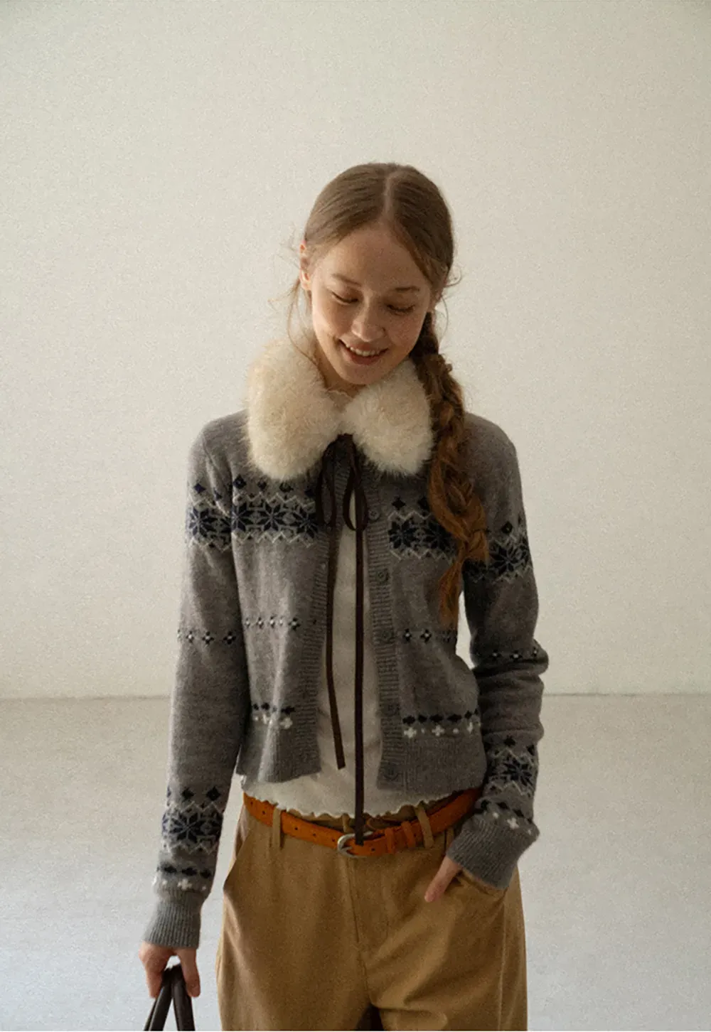 Fair Isle Patterned Cropped Cardigan Woolen Knit Sweater
