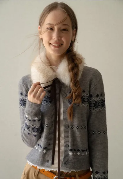 Fair Isle Patterned Cropped Cardigan Woolen Knit Sweater