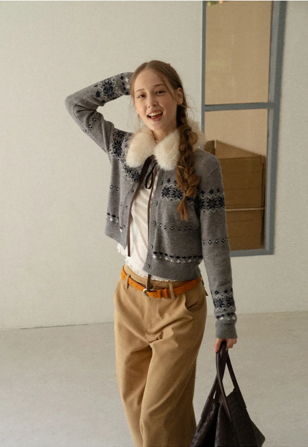 Fair Isle Patterned Cropped Cardigan Woolen Knit Sweater