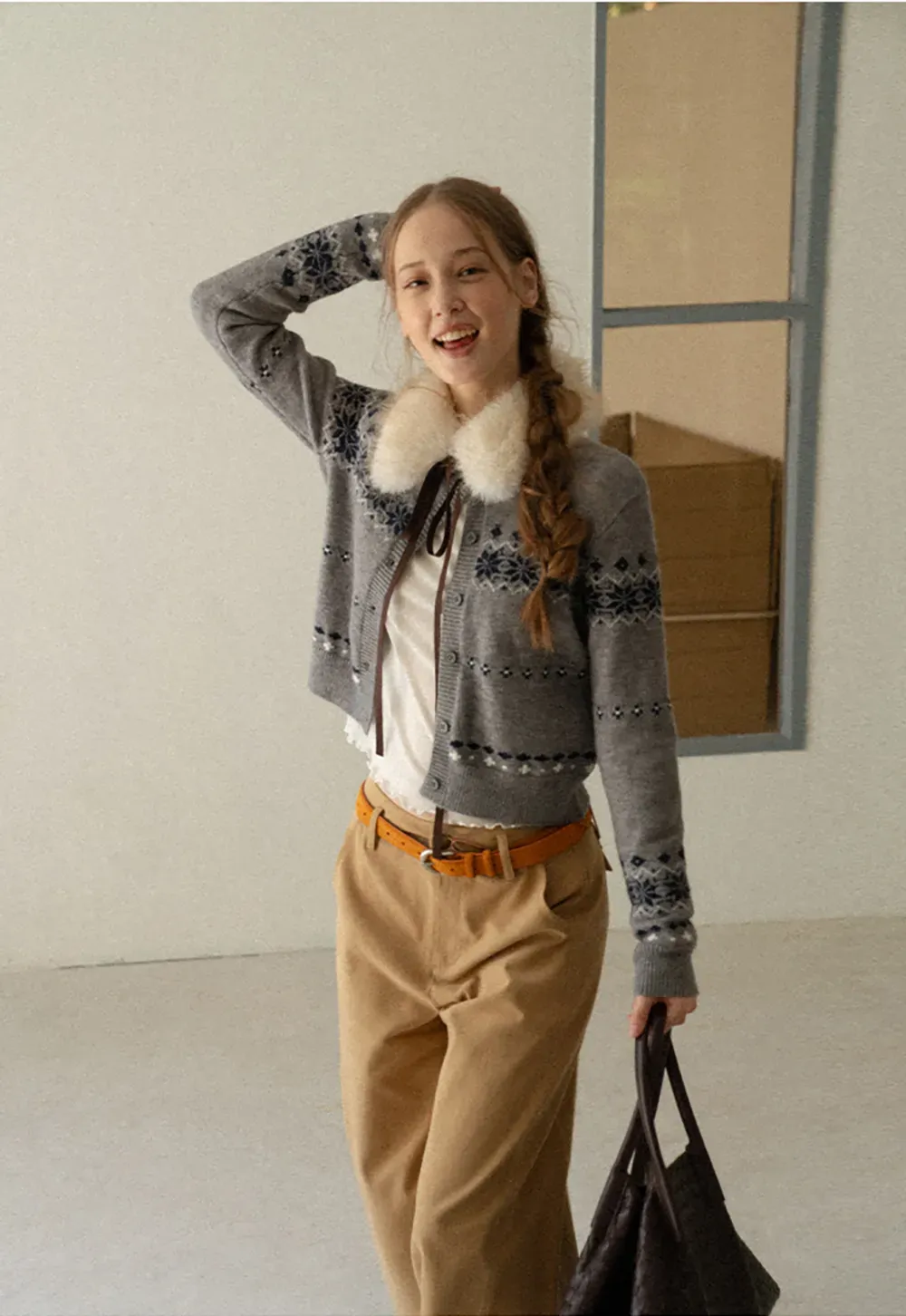 Fair Isle Patterned Cropped Cardigan Woolen Knit Sweater