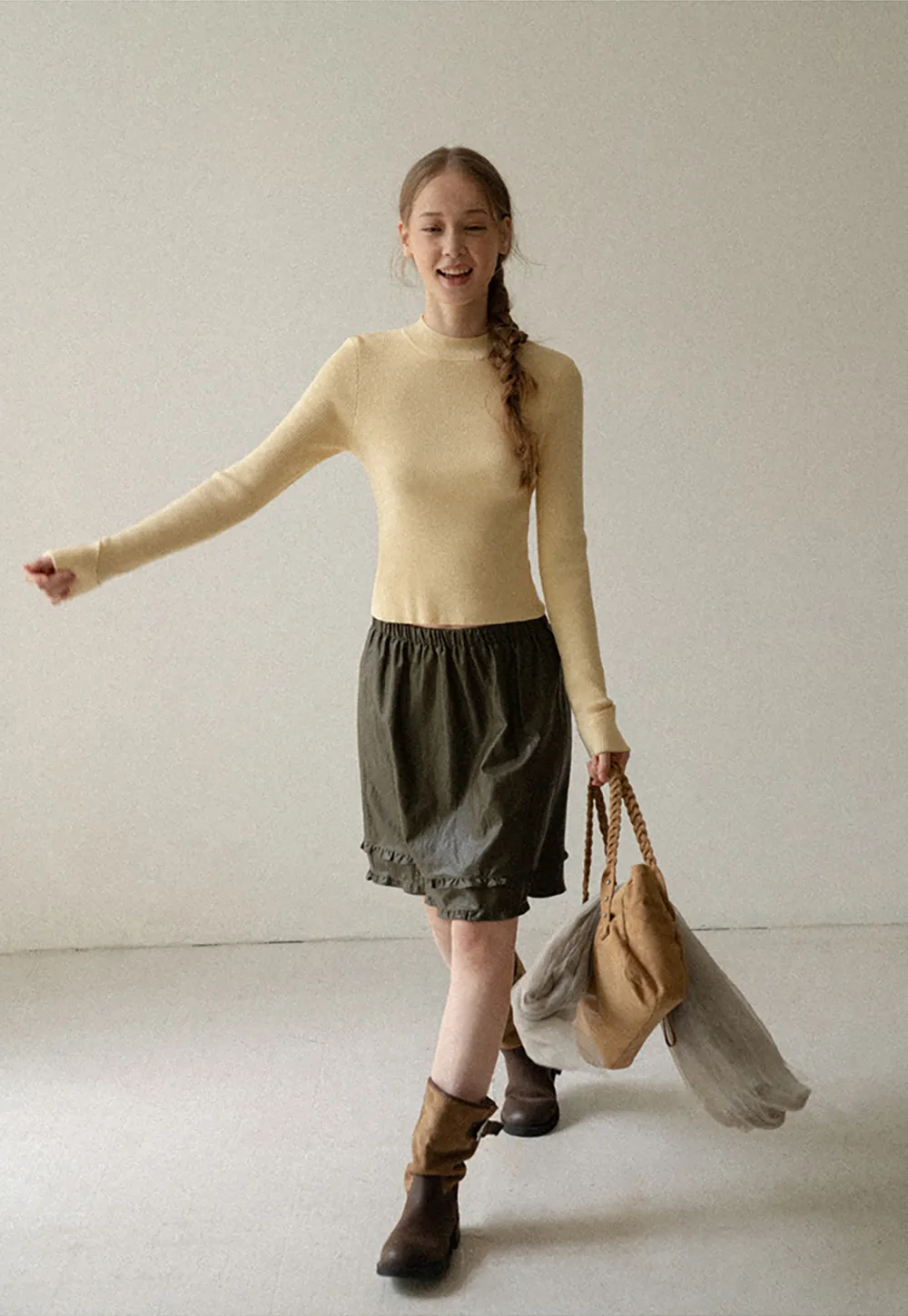 Ribbed Knit Long Sleeve Crew Neck Sweater