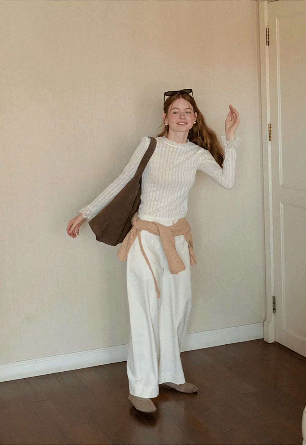 Lace Trim Collar Ribbed Knit Cardigan and T Shirt