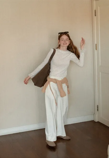 Lace Trim Collar Ribbed Knit Cardigan and T Shirt