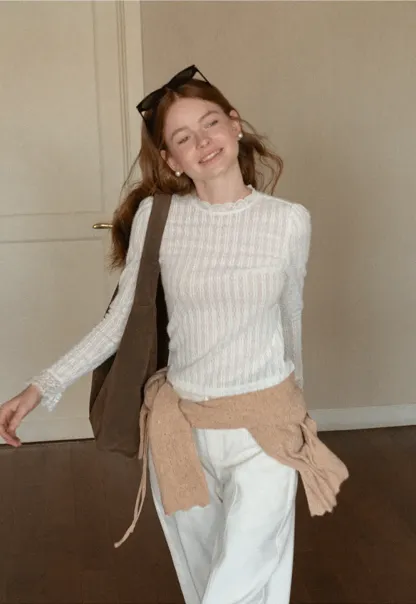 Lace Trim Collar Ribbed Knit Cardigan and T Shirt