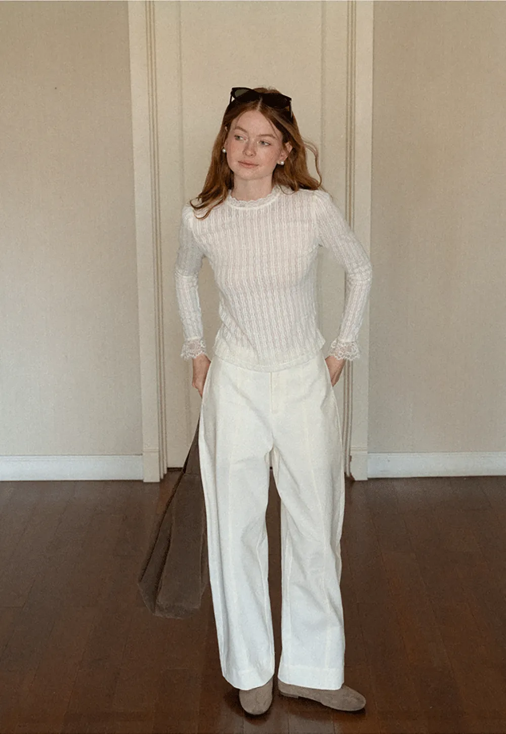 Lace Trim Collar Ribbed Knit Cardigan and T Shirt