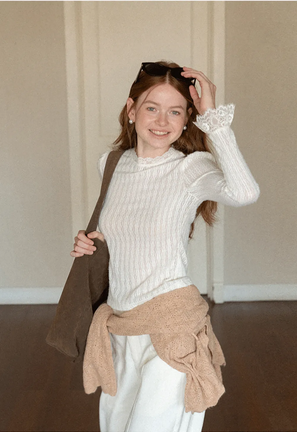 Lace Trim Collar Ribbed Knit Cardigan and T Shirt