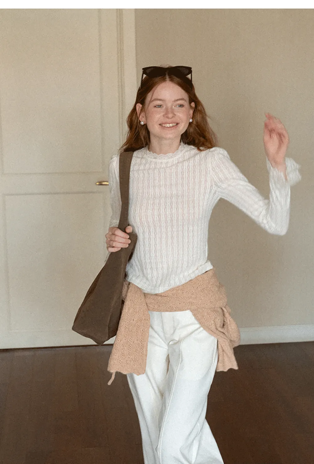 Lace Trim Collar Ribbed Knit Cardigan and T Shirt