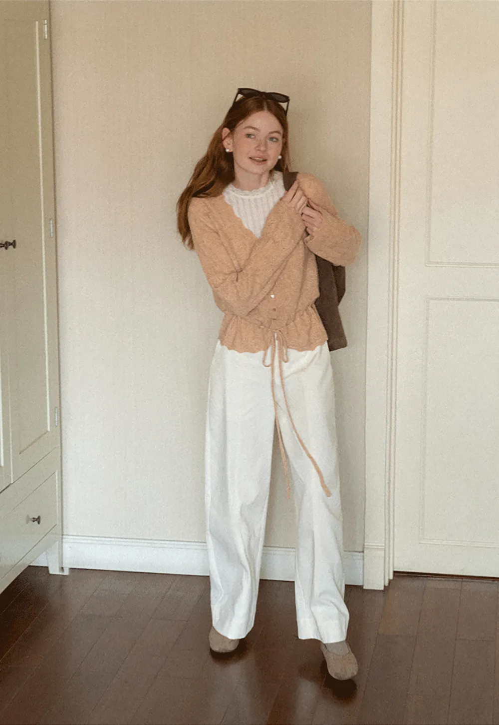 Lace Trim Collar Ribbed Knit Cardigan and T Shirt