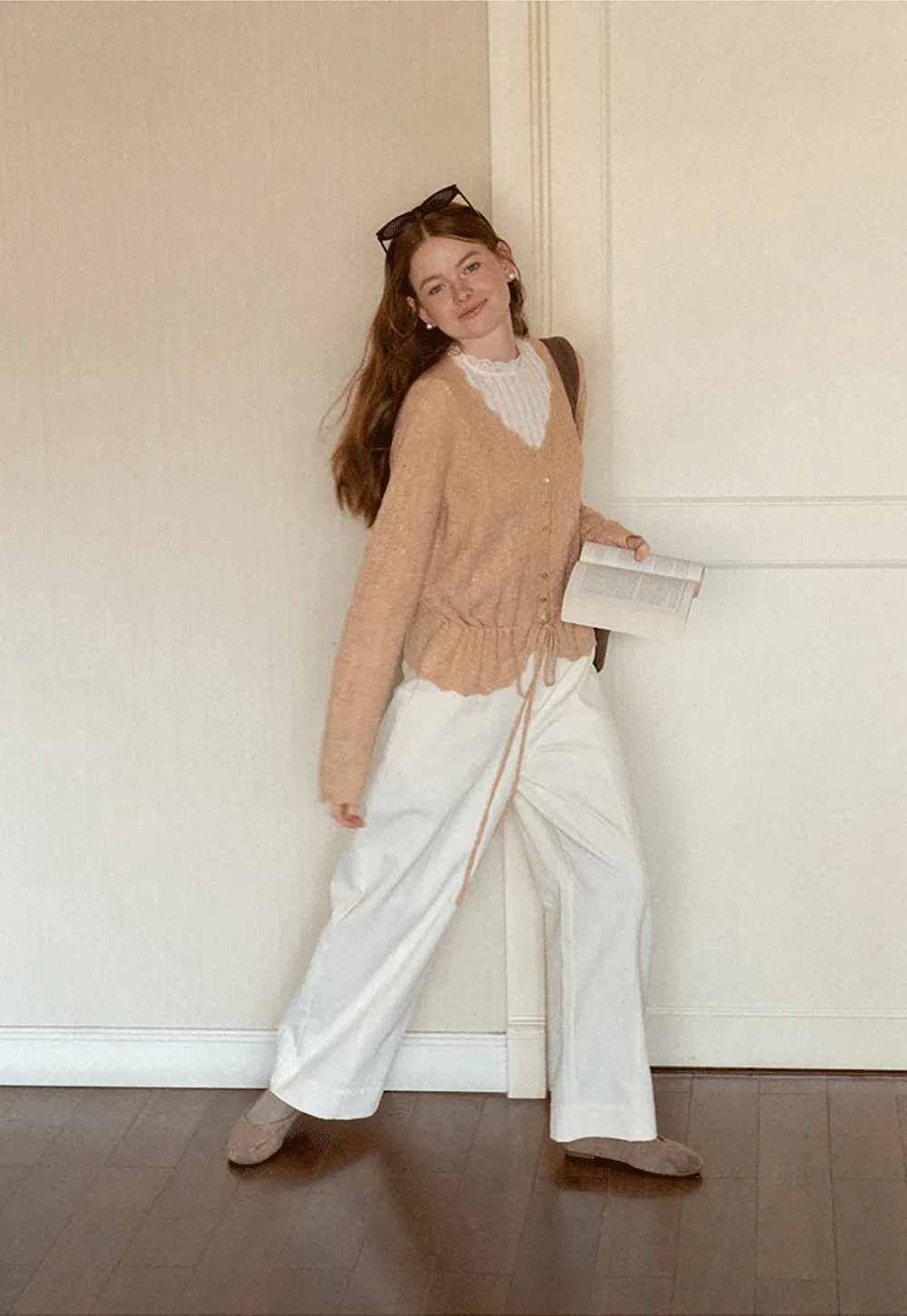 Lace Trim Collar Ribbed Knit Cardigan and T Shirt