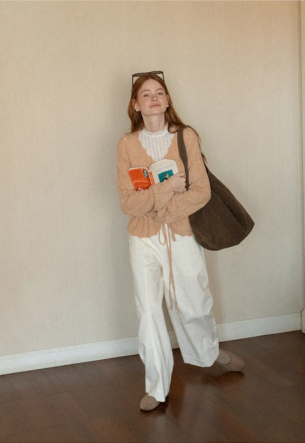 Lace Trim Collar Ribbed Knit Cardigan and T Shirt