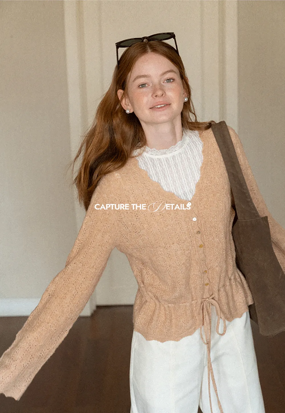 Lace Trim Collar Ribbed Knit Cardigan and T Shirt