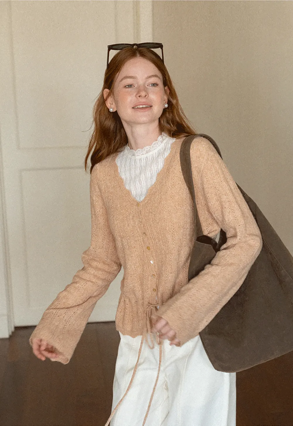 Lace Trim Collar Ribbed Knit Cardigan and T Shirt