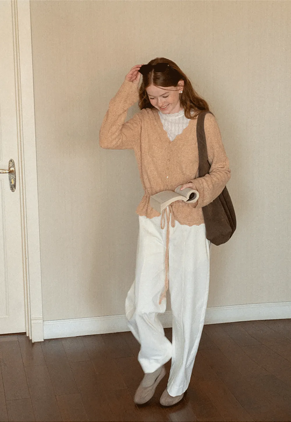 Lace Trim Collar Ribbed Knit Cardigan and T Shirt