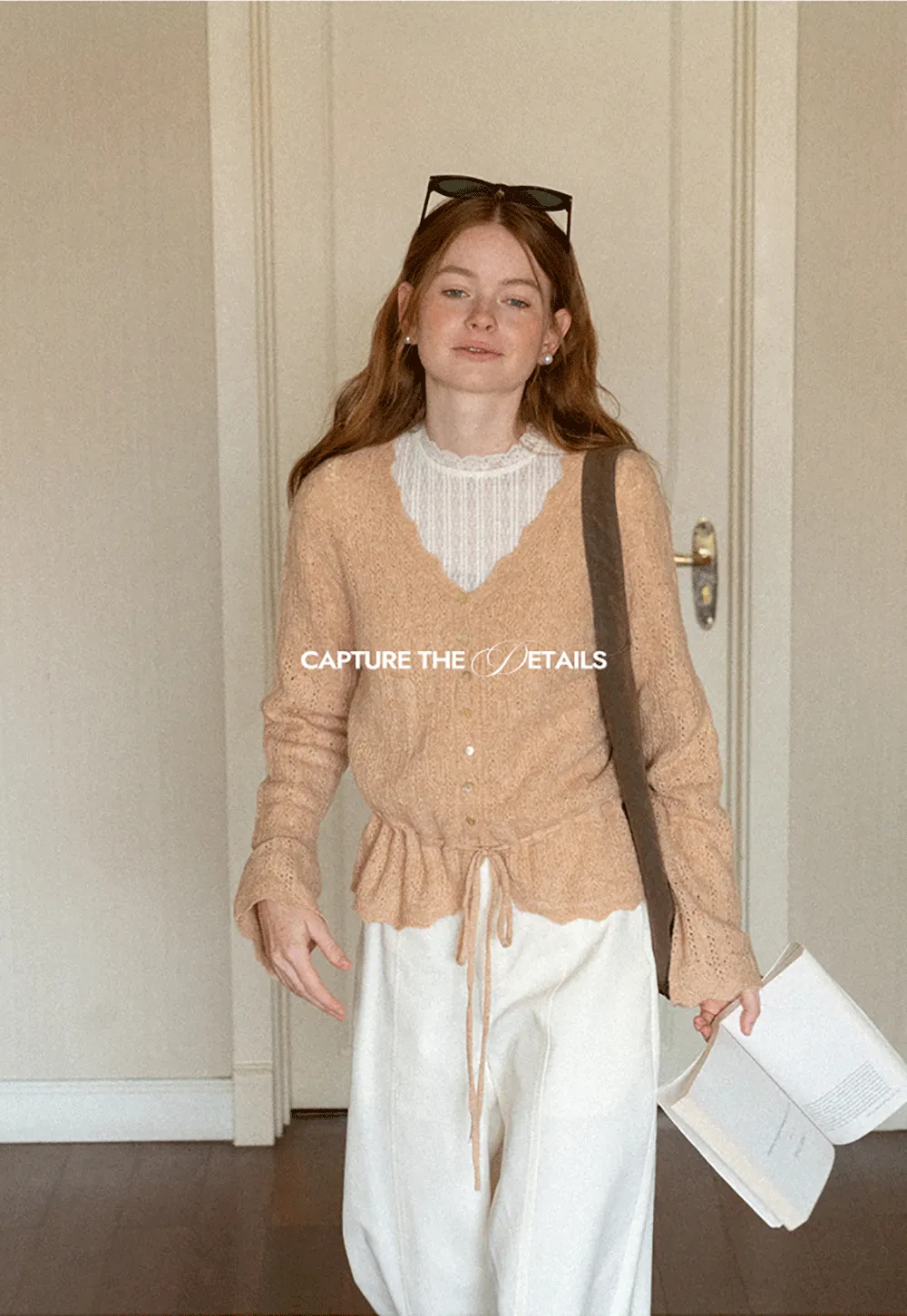 Lace Trim Collar Ribbed Knit Cardigan and T Shirt
