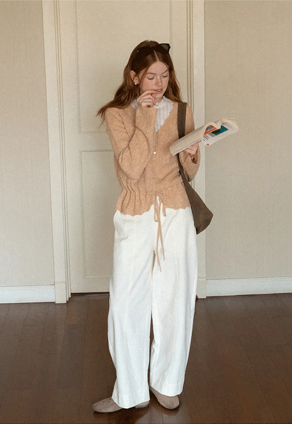 Lace Trim Collar Ribbed Knit Cardigan and T Shirt