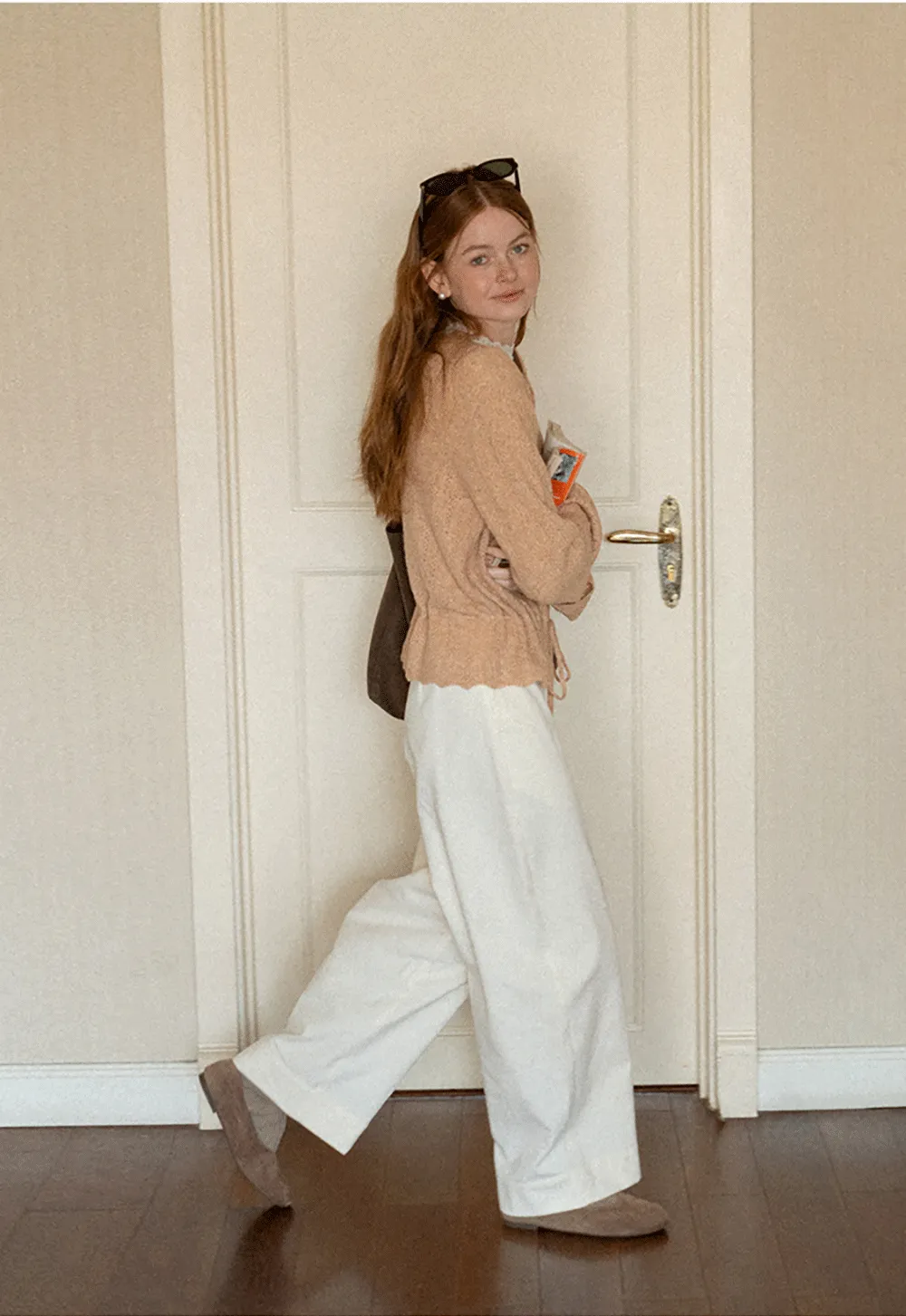 Lace Trim Collar Ribbed Knit Cardigan and T Shirt