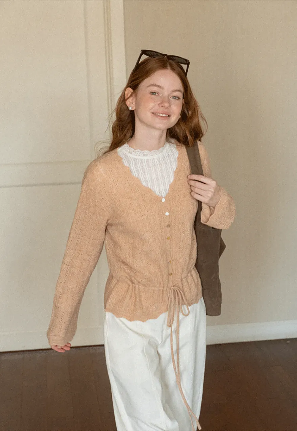 Lace Trim Collar Ribbed Knit Cardigan and T Shirt