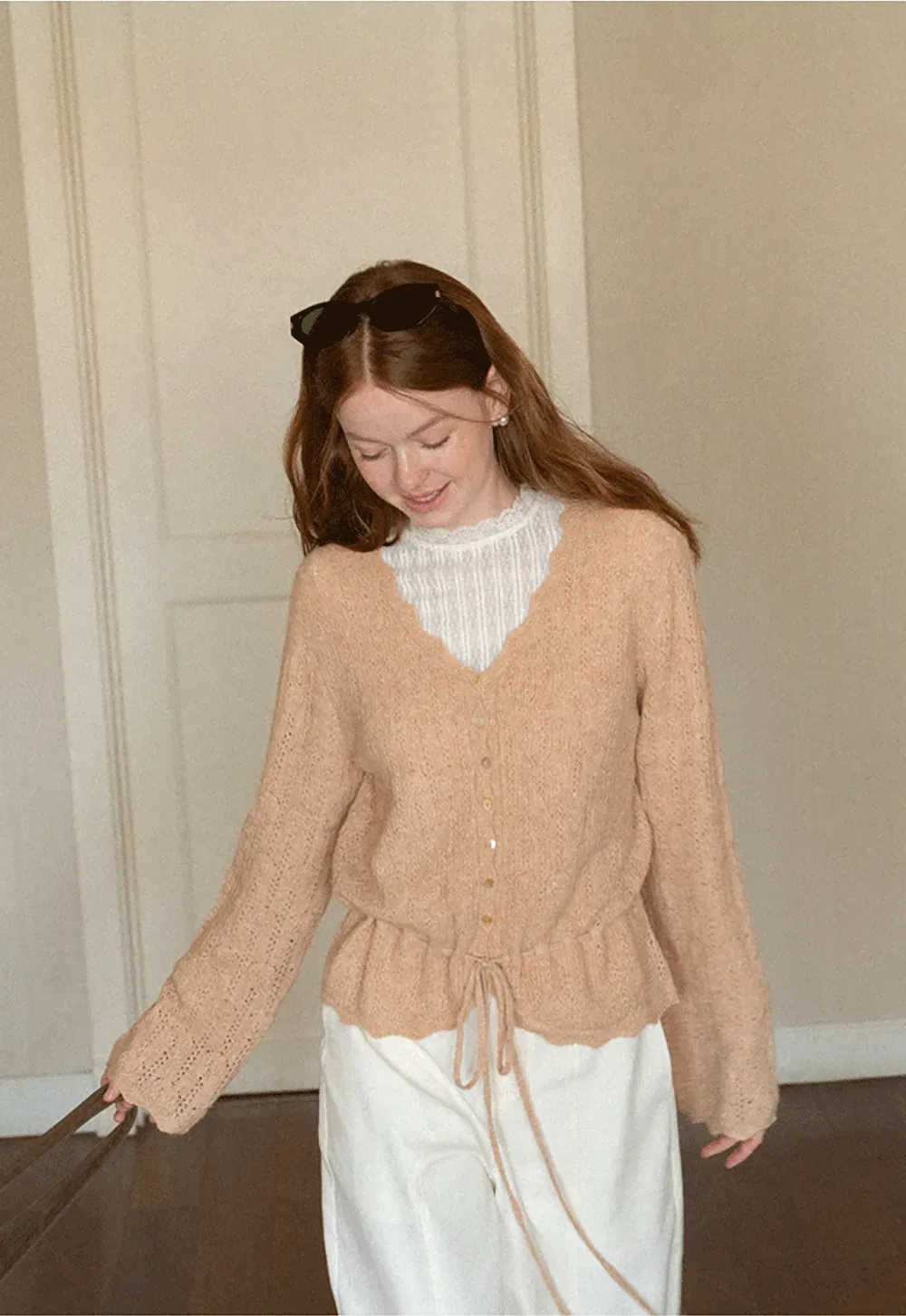 Lace Trim Collar Ribbed Knit Cardigan and T Shirt