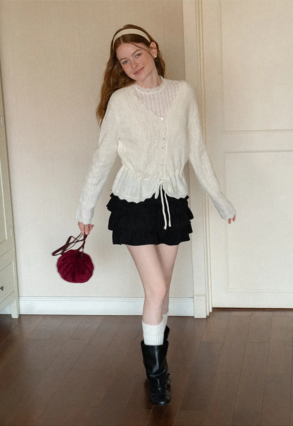 Lace Trim Collar Ribbed Knit Cardigan and T Shirt