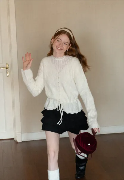 Lace Trim Collar Ribbed Knit Cardigan and T Shirt