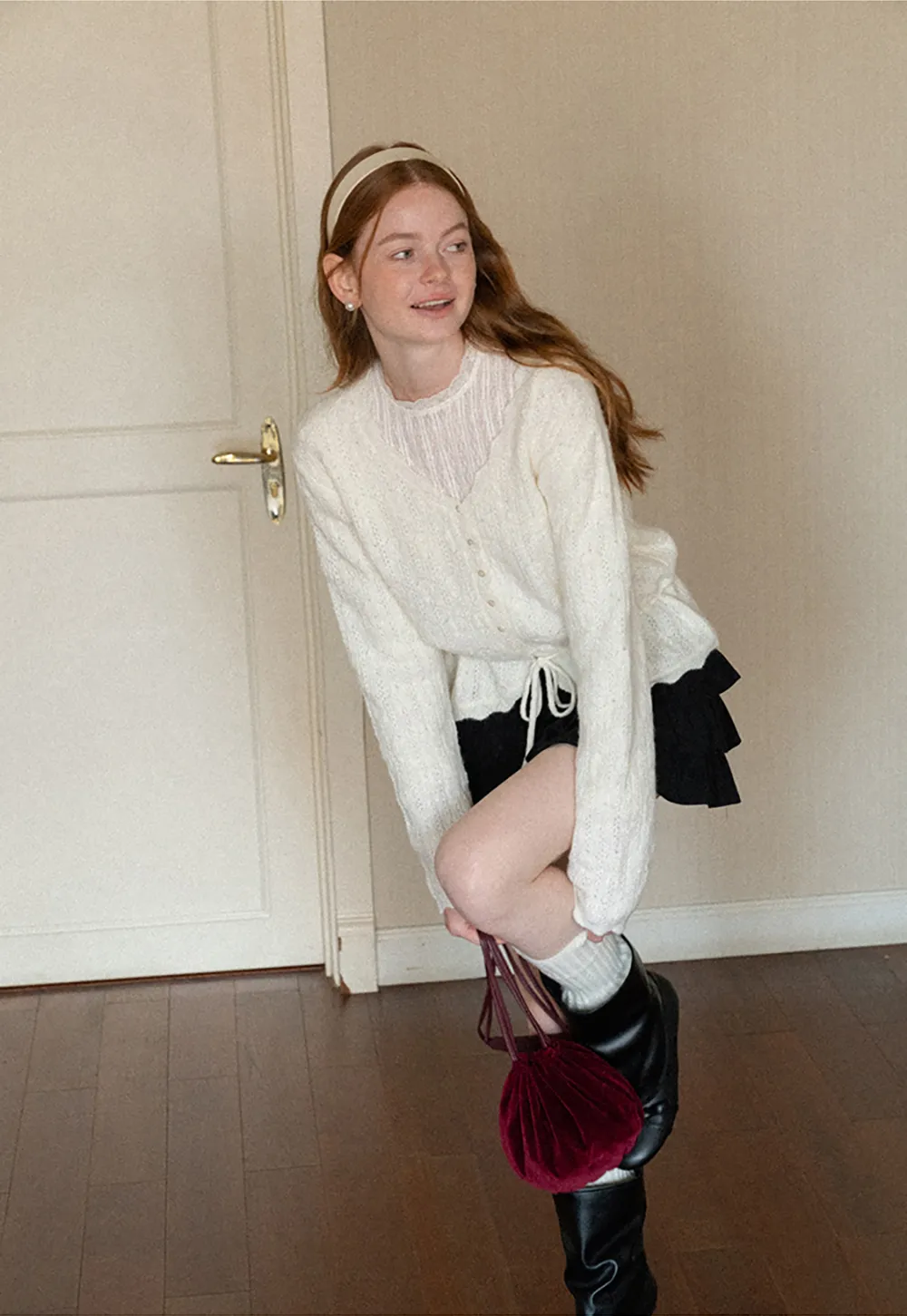Lace Trim Collar Ribbed Knit Cardigan and T Shirt