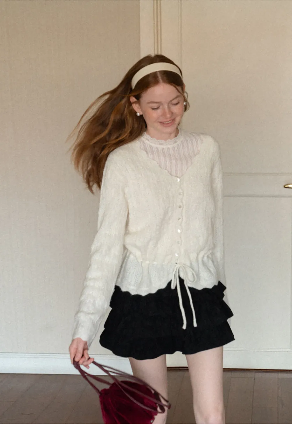 Lace Trim Collar Ribbed Knit Cardigan and T Shirt