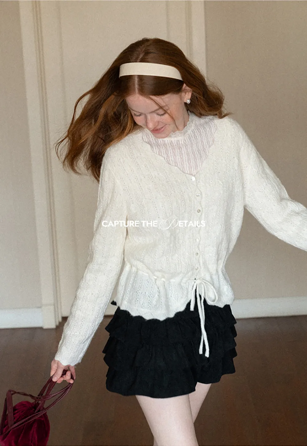 Lace Trim Collar Ribbed Knit Cardigan and T Shirt