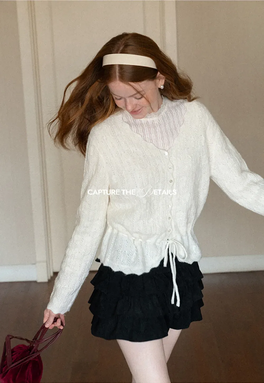 Lace Trim Collar Ribbed Knit Cardigan and T Shirt