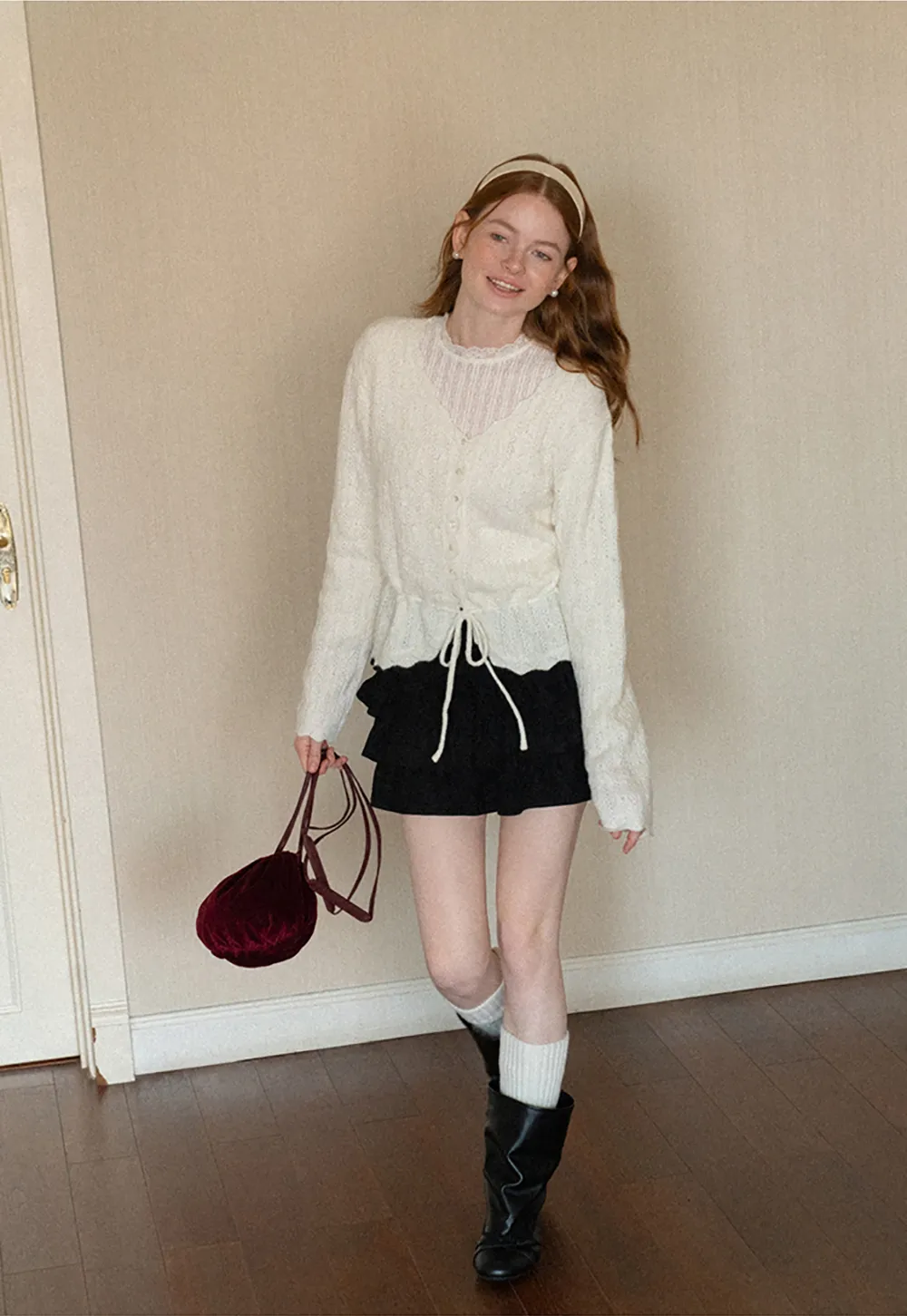 Lace Trim Collar Ribbed Knit Cardigan and T Shirt