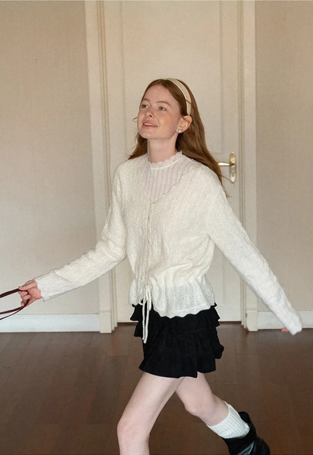 Lace Trim Collar Ribbed Knit Cardigan and T Shirt