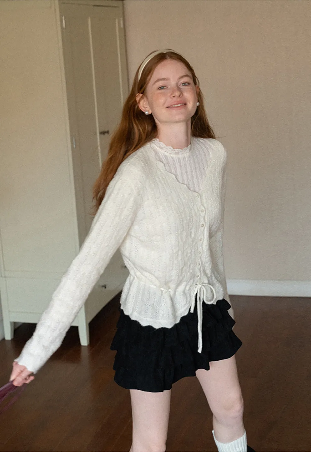Lace Trim Collar Ribbed Knit Cardigan and T Shirt