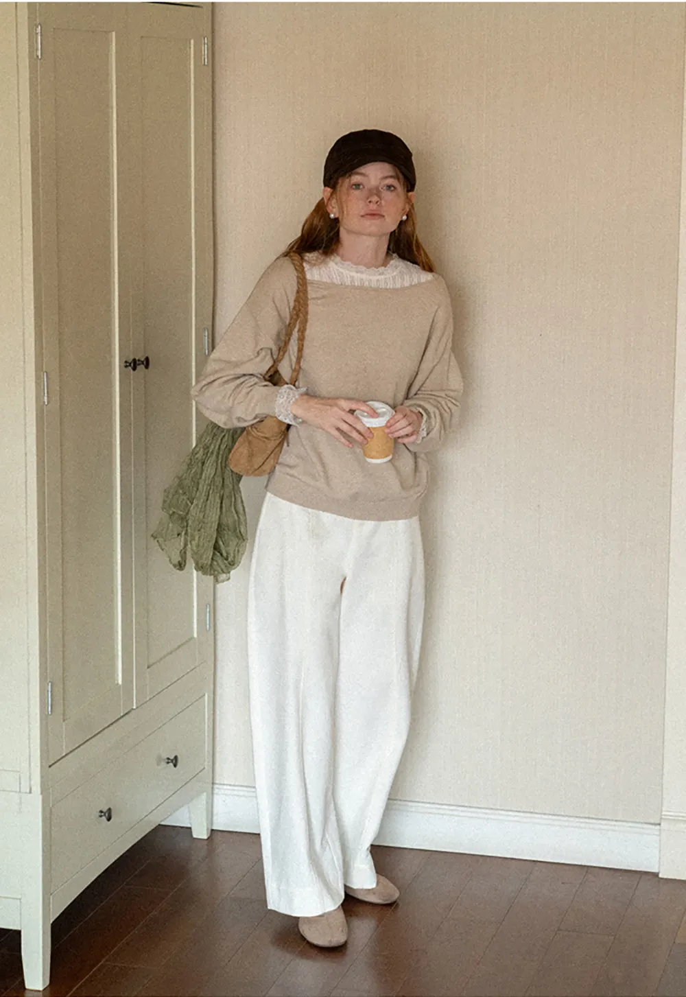Lace Trim Collar Ribbed Knit Cardigan and T Shirt