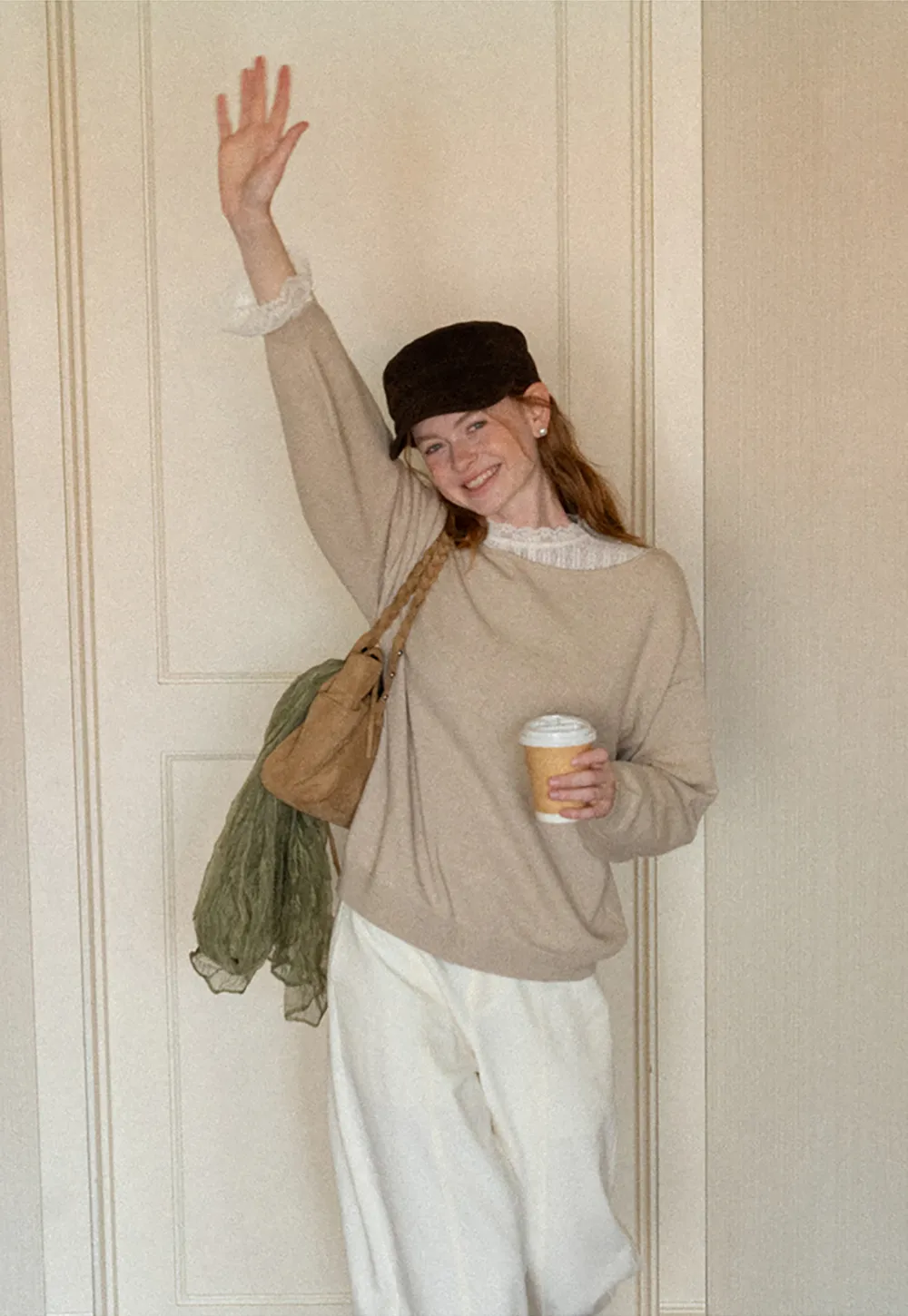 Lace Trim Collar Ribbed Knit Cardigan and T Shirt