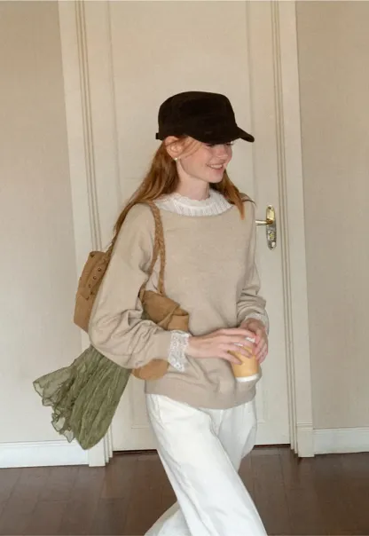 Lace Trim Collar Ribbed Knit Cardigan and T Shirt