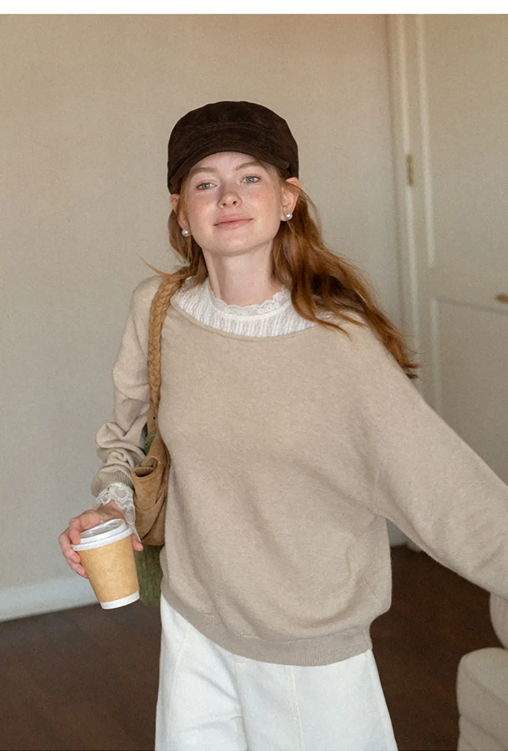 Lace Trim Collar Ribbed Knit Cardigan and T Shirt