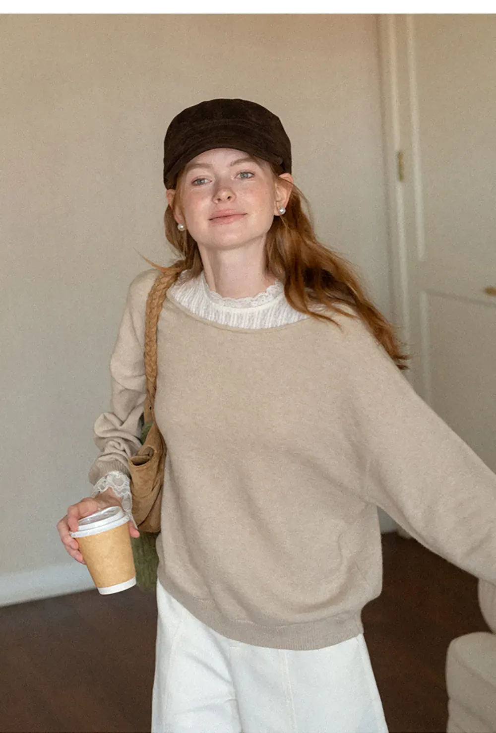 Lace Trim Collar Ribbed Knit Cardigan and T Shirt