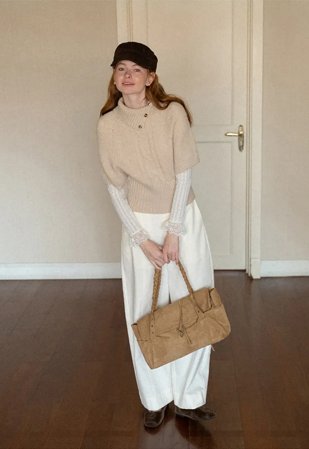 Lace Trim Collar Ribbed Knit Cardigan and T Shirt