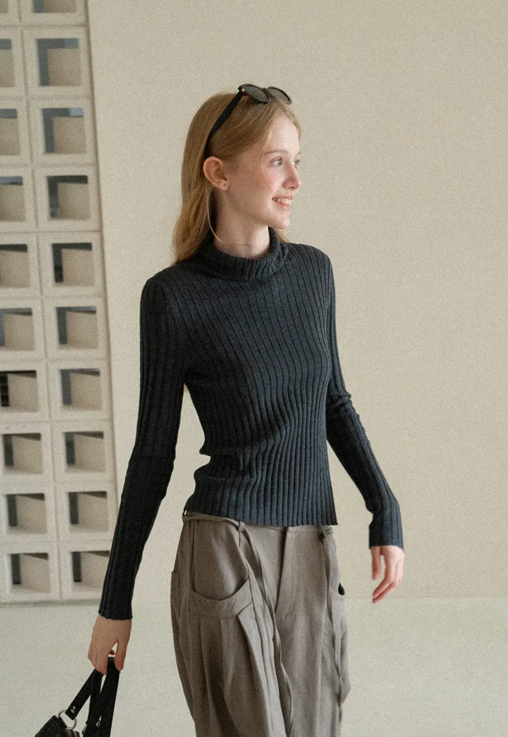 Ribbed Knit Turtleneck Long Sleeve Sweater